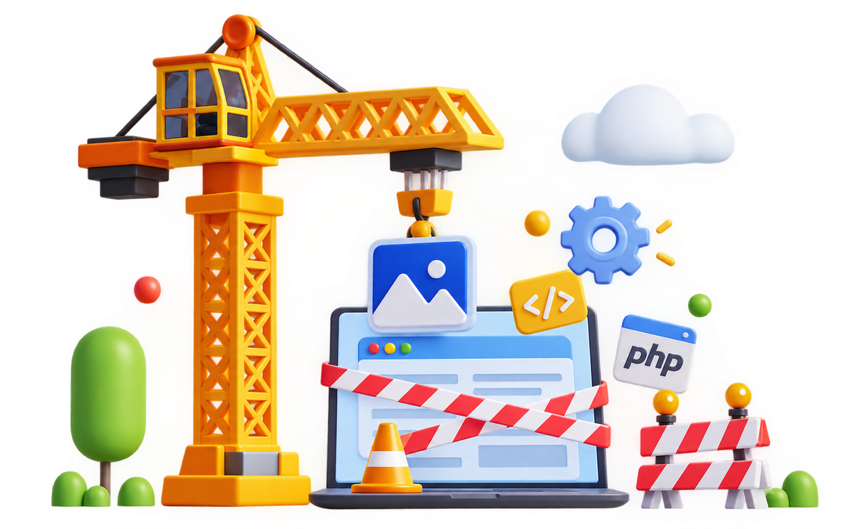 Illustration of a construction crane building a website